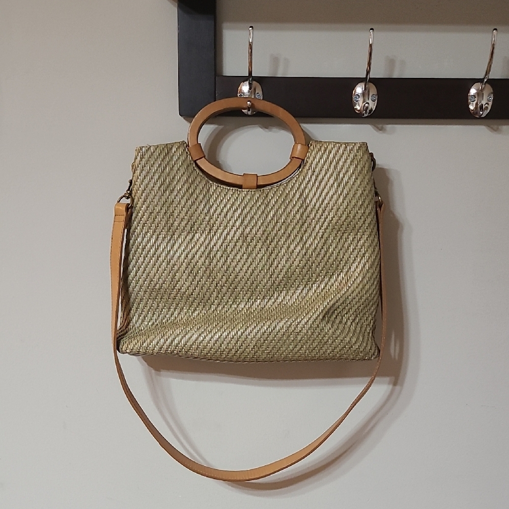 Fossil Woven and Leather Circle Handle Crossbody Bag
